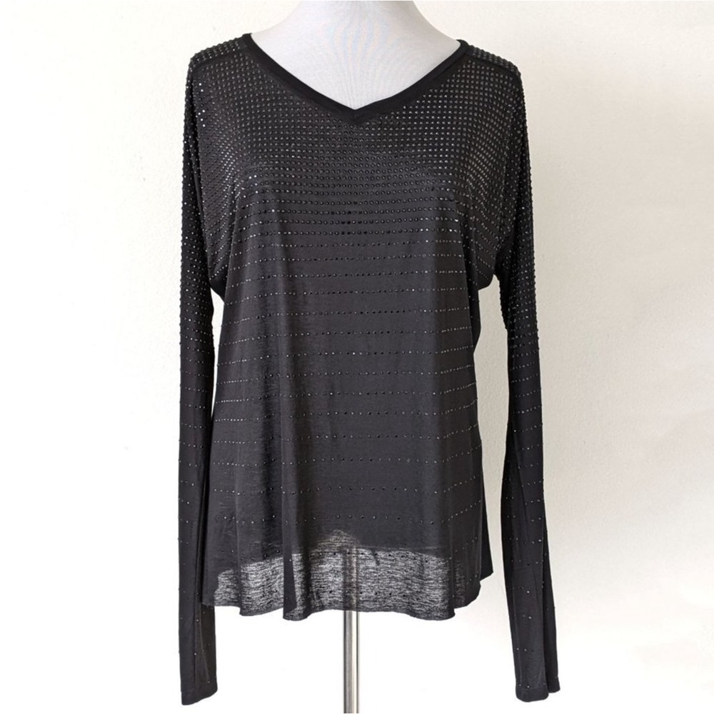NWOT Thomas Wylde Black Swarovski Embellished V Neck Long Sleeve Tee Top